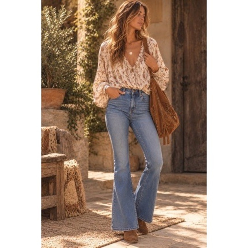American Eagle Kick Boot High Rise Flare Jeans Women 4 Short Medium Wash Denim